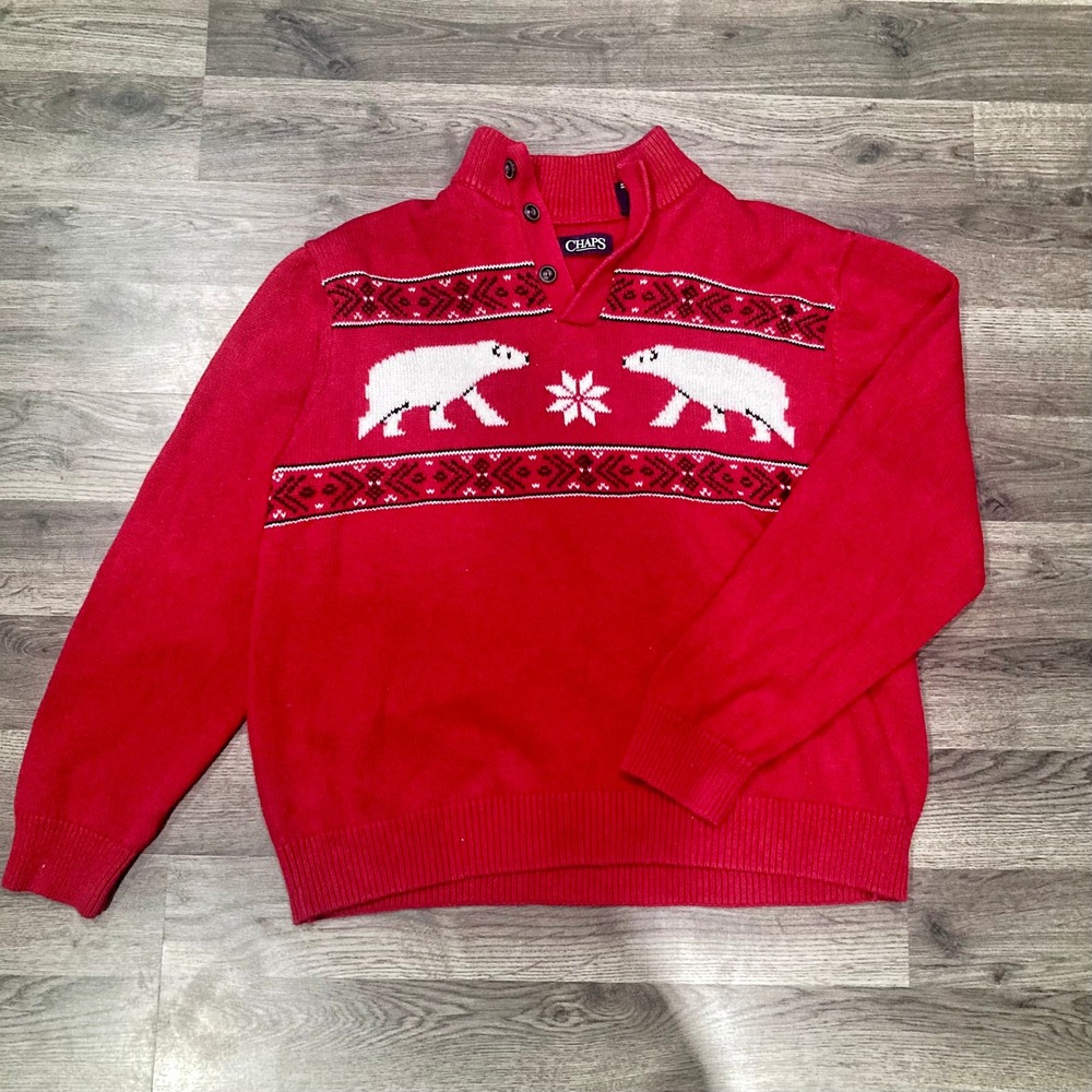 Chaps Red Polar Bear Knit Quarter-Button Sweater